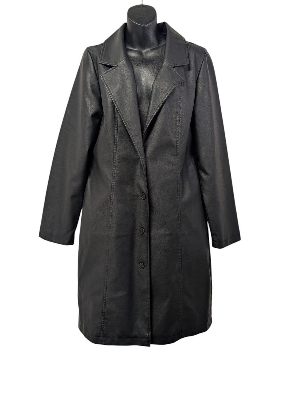 Wild Fable Women's Black Faux Leather Trench Coat Size M Button Lined Pockets